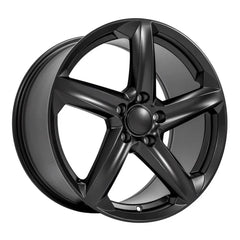 Angle view of a 19x10 matte Satin Black wheel replacement for Chevy Corvette replica rim 9511106