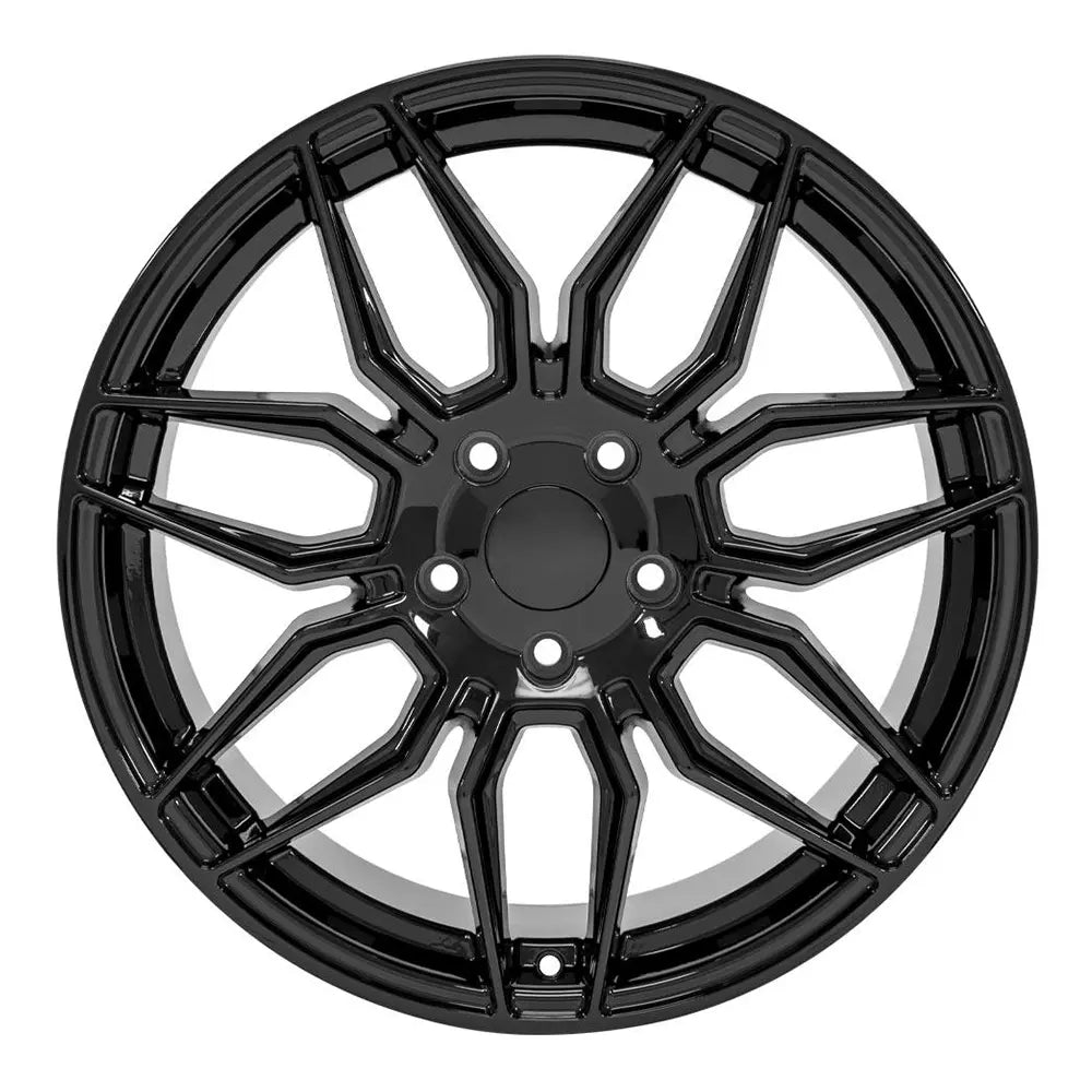 Front view of a 19x10 Gloss Black wheel replacement for Chevy Corvette replica rim 9511114
