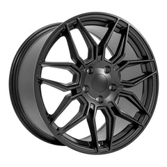 Angle view of a 19x10 Matte Satin Black wheel replacement for Chevy Corvette replica rim 9511115