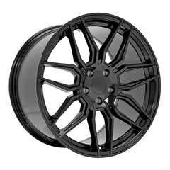 Angle view of a 20x11 Gloss Black wheel replacement for Chevy Corvette replica rim 9511120