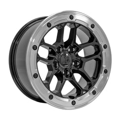 Angle view of a 17x8 Machined Black wheel replacement for Jeep Wrangler replica rim 9511042