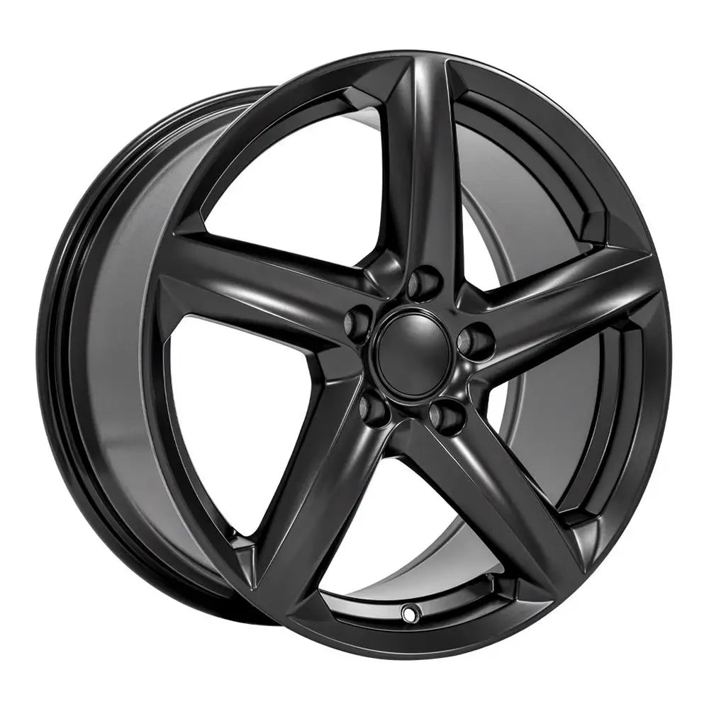 Angle view of an 18x8.5 Matte Satin Black wheel replacement for Chevy Corvette replica rim 9511104