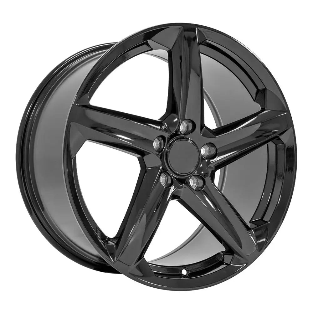 Angle view of a 19x10 Gloss Black wheel replacement for Chevy Corvette replica rim 9511105