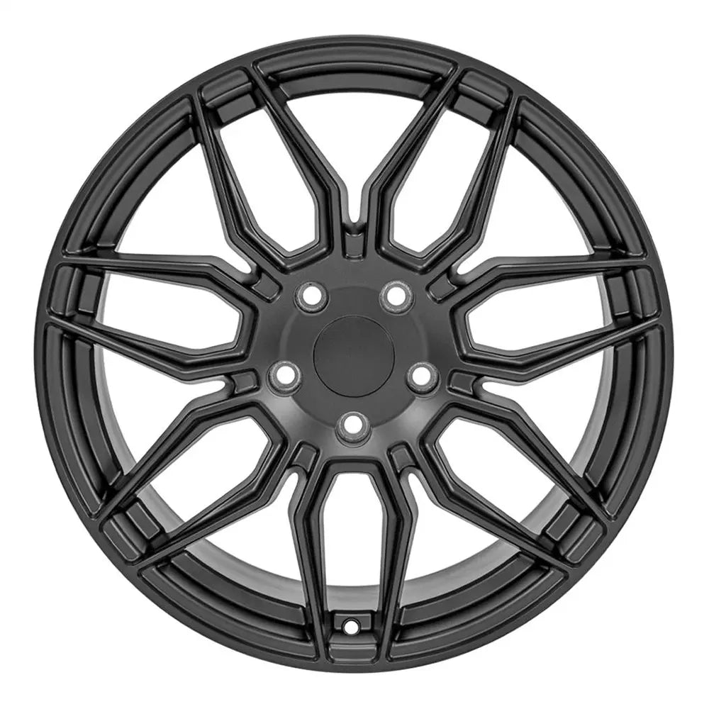 Front view of a 19x10 satin Black wheel replacement for Chevy Corvette replica rim 9511115