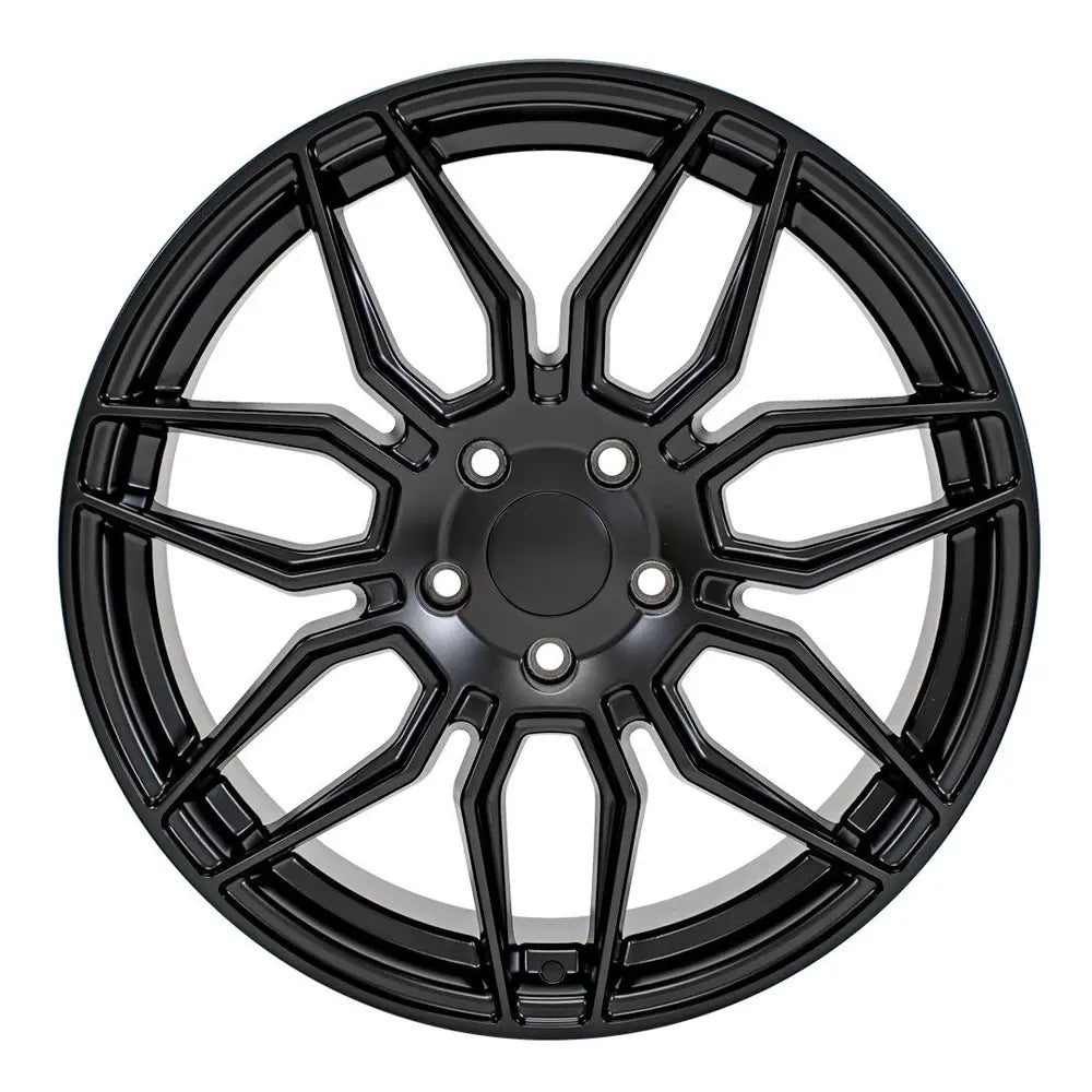 Front view of a 19x8.5 Satin Black wheel replacement for Chevy Corvette replica rim 9511118