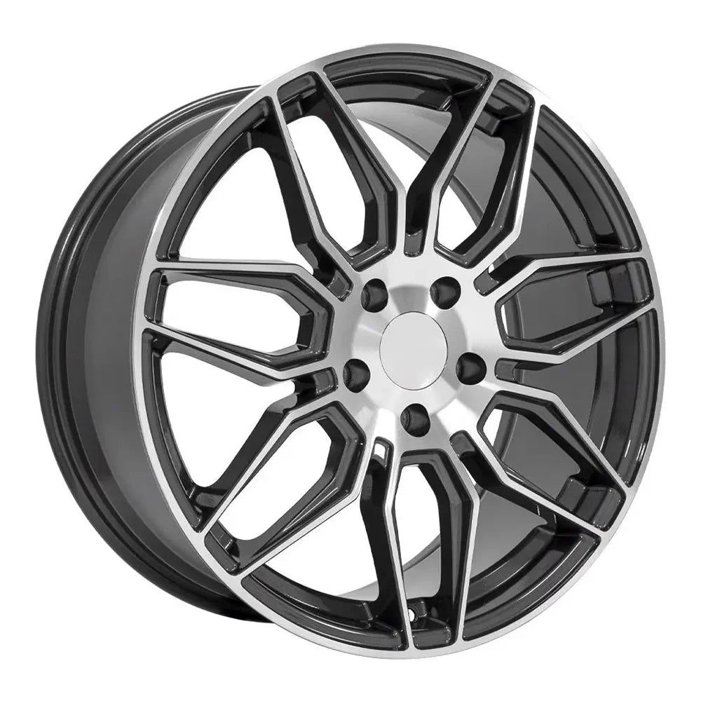 Angle view of a 19x8.5 Machined Gunmetal wheel replacement for Chevy Corvette replica rim 9511119