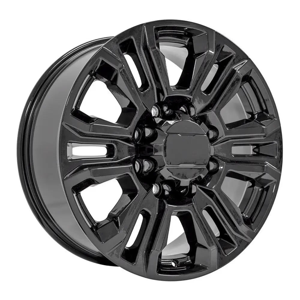 Angle view of a 20x8.5 Gloss Black wheel replacement for Chevy Trucks replica rim 9511139