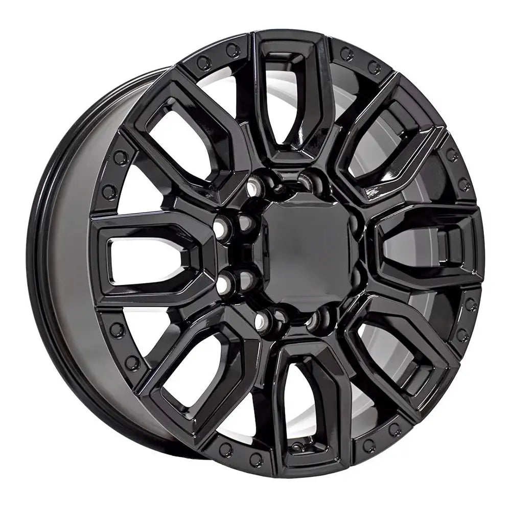 Angle view of a 20x8.5 Gloss Black wheel replacement for GMC Trucks replica rim 9511061