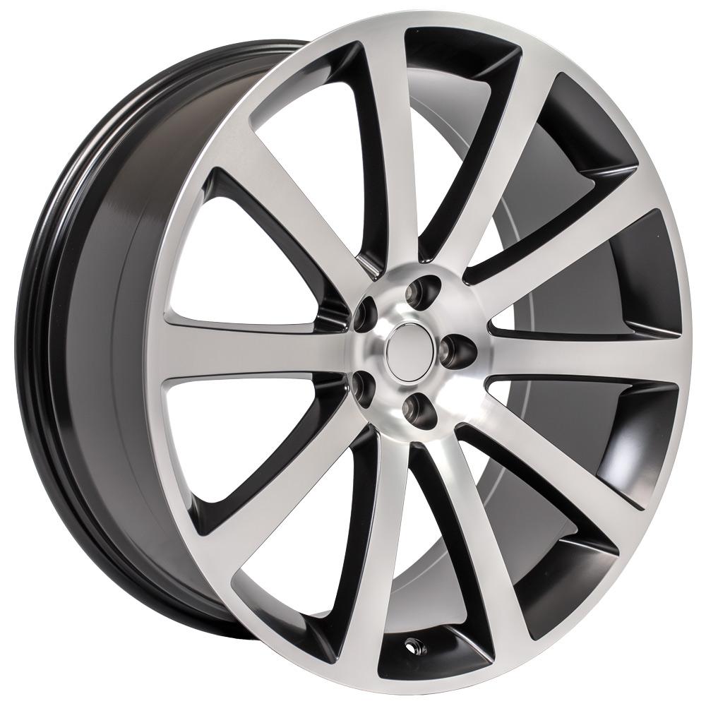 Angle view of a 22x9 Machined Black wheel replacement for Chrysler 300 replica rim 9457552