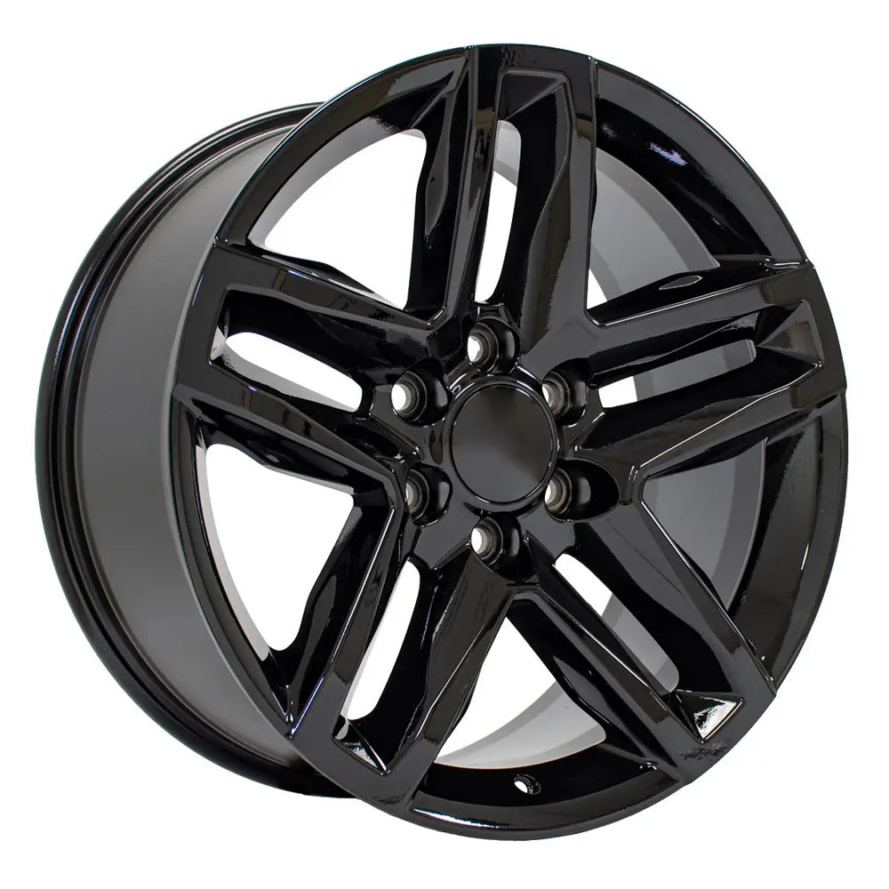 Angle view of a 20x9 Black wheel replacement for Chevy Silverado replica rim 9510946