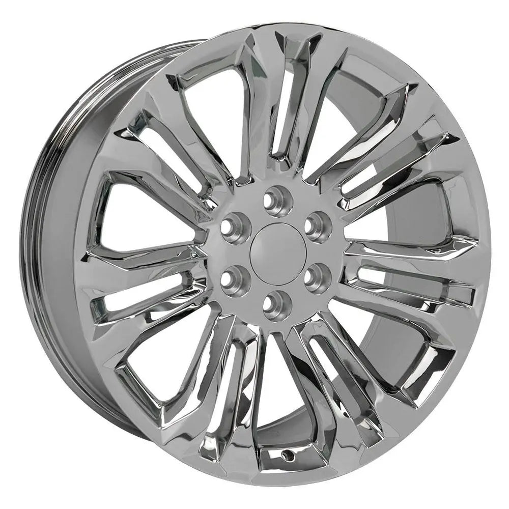 Angle view of a 22x9 Chrome wheel replacement for Chevy Silverado replica rim 9510978