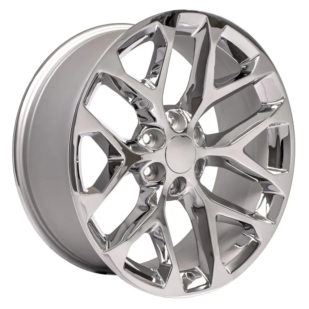 Angle view of a 22x9 Chrome wheel replacement for Chevy Silverado replica rim 9510963